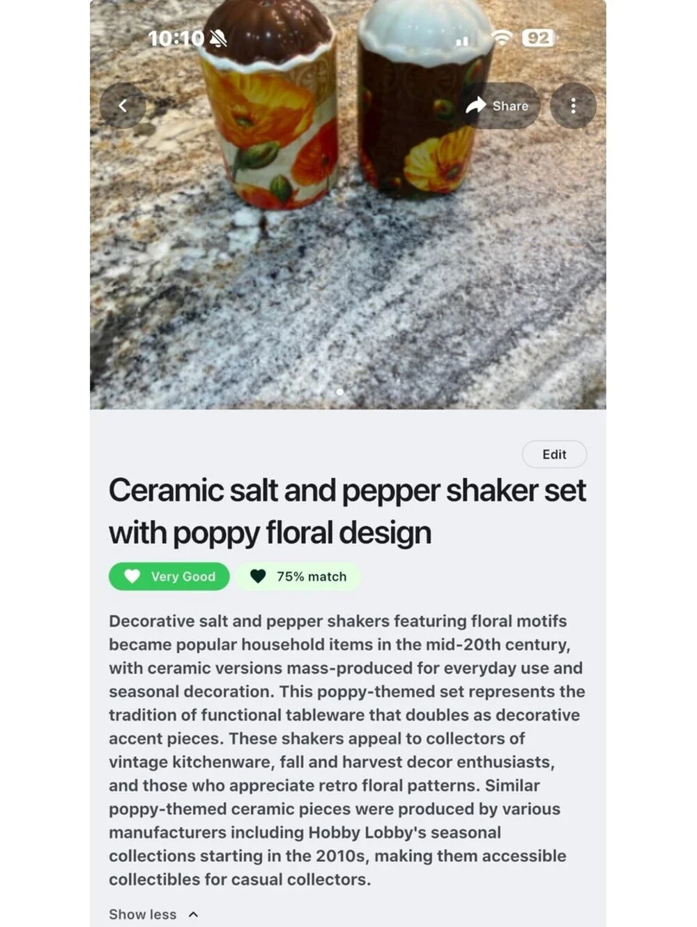 Ceramic Salt and Pepper Shaker Set with Poppy Floral Design